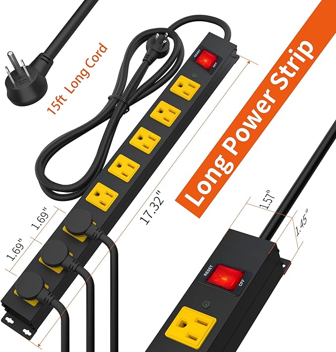 8 Outlet Power Strip 2100J Surge Protector, 15FT Heavy Duty Extension Cord Wide Spaced Outlet and Wall Mount Metal Powerstrip for Home Office Garage Workshop