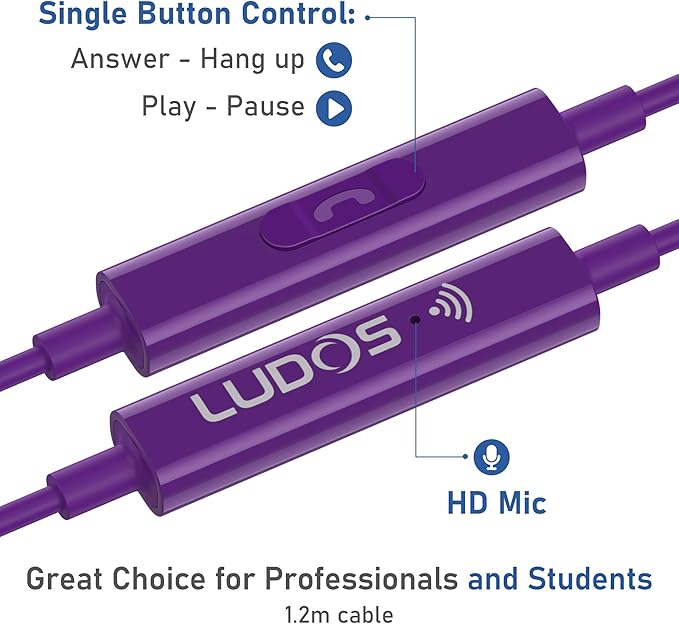LUDOS OMNITONE Wired Earbuds in-Ear Headphones, 5 Years Warranty, Earphones with Microphone, 3.5 mm Jack Corded Ear Buds, Videoconference for iPhone, Samsung, Laptop, Kids, School Students - Purple