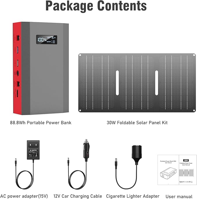 Portable Solar Power Bank with AC Outlet 65W 110V External Battery Pack, 24000mAh Portable Laptop Charger with Foldable Solar Panel 30W for Outdoor Smart Device Camping Hiking Trip Off Grid Backup
