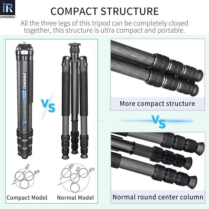 Carbon Fiber Tripod Monopod INNOREL KT254C Professional Portable Compact Travel Tripod for DSLR Camera Stand Support 1.01in/25.6mm Tube Load 33lb/15kg with Adjustable Extension Pole(Only Tripod)