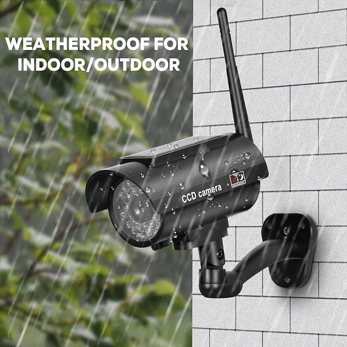 BNT Solar Powered Fake Security Camera, Bullet Dummy Security Camera Simulated Surveillance System with Realistic Red Flashing Light Sensor and Warning Sticker for Indoor/Outdoor(2Pack, Black)