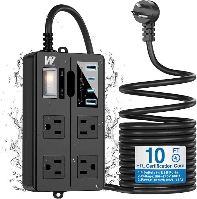 VNJ Outdoor Power Strip with 4AC Outlets + 4USB Ports, IPX6 Waterproof Surge Protector, Safety Lock Design and ETL-Certified Cables, 10FT Extension Cord for Home, Garden, and Commercial Use