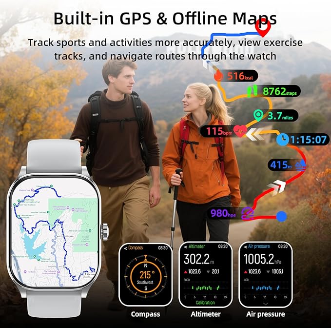 Smart Watch with AI (Built-in GPS + Map), 1.96" HD Fitness Tracker for Men Women, 100+ Sports Modes, Call/Reply/Notification, 24/7 Heart Rate & Sleep Monitor, Waterproof Smartwatch for Android iPhone