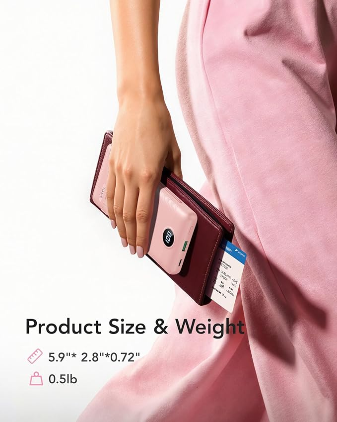 VRURC Portable Charger Power Bank with Wall Plug, 10000mAh Portable Charger with Built in Cables, PD 20W Fast Charging Portable Charger with Cords External Charger Travel Accessories-Pink(1 Pack)