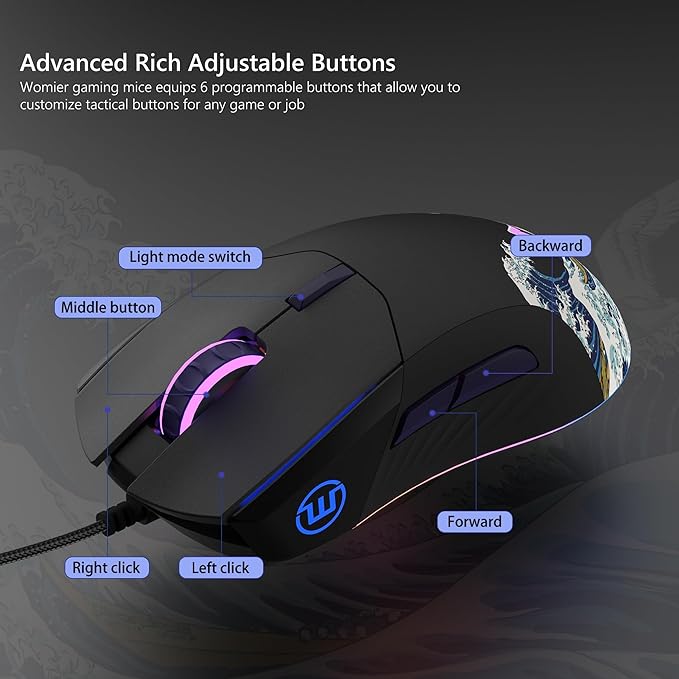 Womier Wired Gaming Mouse,Black RGB Anime Mouse w/Ergonomic Computer 12000DPI/6 Programmable Buttons Programmable Buttons for Laptop PC Mac Windows-G705 V2 Kanagawa
