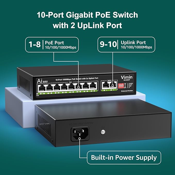 10-Port Gigabit PoE Switch with 8 Port PoE, VIMIN 8-Port Unmanaged 10/100/1000Mbps Network PoE Switch with 2 Uplink Ports, AI Watchdog, VLAN, Extend 250m, Support IEEE802.3af/at