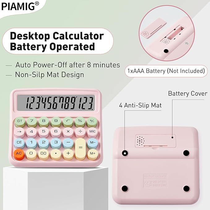 Mechanical Calculator with Large LCD Display, 12 Digits Big Button Easy to Use Auto Power Off Desktop Calculator for Home, Office & School (Pink)