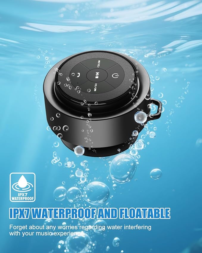 Shower Speaker Bluetooth Waterproof, Portable Mini Bluetooth Shower Speakers Waterproof with Suction Up and Clip, IPX7 Waterproof Floating Bathroom Speaker for Pool Beach Kayak, Beach Gifts（Black