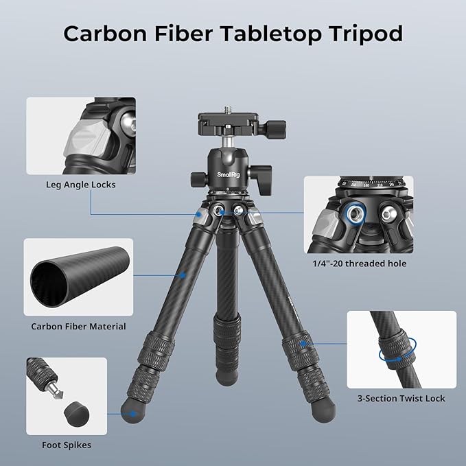 SmallRig Carbon Fiber Mini Desktop Tripod, 15.5'' / 39.5cm Compact Pocket Tabletop Tripod Kit with 360° Ball Head, Built-in QR Plate for Arca, Ball Head Capacity 3kg / 6.6lb for Cameras, DSLRs, Lenses