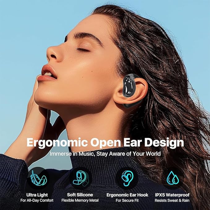 Open Ear Earbuds Ultra Comfort Wireless Bluetooth 5.4 Headphones Over The Ear Earbuds with Intelligent Touch Screen EarHooks IPX7 Waterproof Bone Conduction Earphones for Fitness Sports-Black