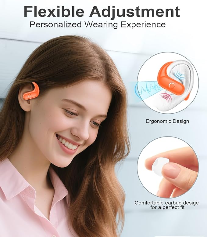 MOZOTER Wireless Earbuds Bluetooth Headphones Sport,Over Ear Buds with Deep Bass Sound,60Hrs Playtime Earphones Redesigned Comfort Fit with Earhooks for Running,Meeting,Workout- Orange