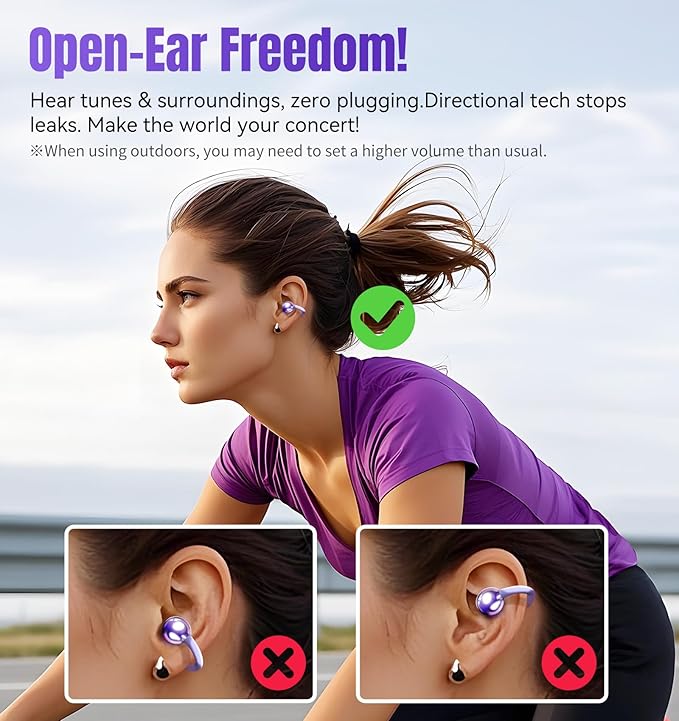 King Lucky Clip on Earbuds Open Ear Wireless Bluetooth 5.4 Headphones with Mic, 50H Play, Noise Cancelling, Waterproof, Comfortable for Small Ears & Glasses Wearers, Sports, Workouts, Purple