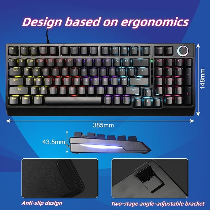 Mechanical Gaming Keyboard with Red Switches:98 Keys with Backlit, Black, Fine-Tune Audio or Brightness Using The Dual-Function knob,17 Lighting Modes,Anti-Ghosting, Wired USB for PC Mac Gaming