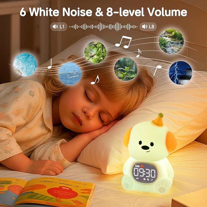Alarm Clock for Kids with Night Light, Sleep Training Clock Time to Wake Clock, Rechargeable Silicone Light for Bedroom, Perfect Sleep Companion for Boys Girls,Dog
