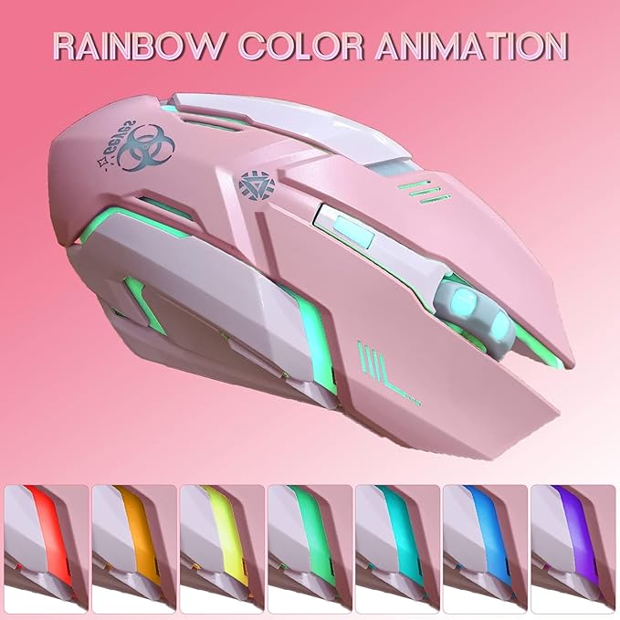 VEGCOO Pink Wireless Gaming Mouse, Silent Click Wireless Mouse with Colorful RGB LED Lights, Rechargeable Computer Mice with Side Buttons and 3 Level DPI, for Laptop and Desktop