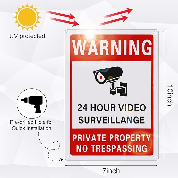 4 Pieces Smile You're on Camera Sign and Private Property No Trespassing Video Surveillance UV Printed 40 Mil Rust Aluminum Security Camera Sign for Home Business (Novel Style)