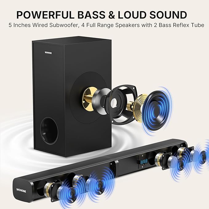 Wohome 2 in 1 Detachable Sound bar with Subwoofers, 4.1 Channel Bluetooth Sound Bar for Smart TV, Home Theater Surround Sound System, Optical,HDMI-ARC, USB Input, Bass Adjust, Remote/Button Control