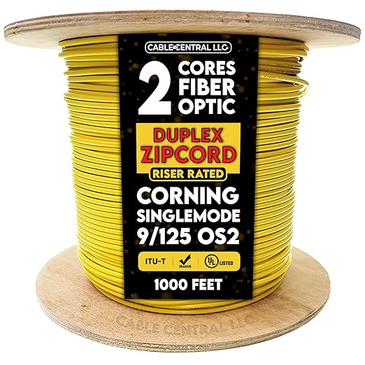 Zipcord Fiber Optic Cable, Duplex, OS2 9/125 Singlemode Networking Cable, Corning, Yellow, Riser Rated, Spool, 1000 Feet