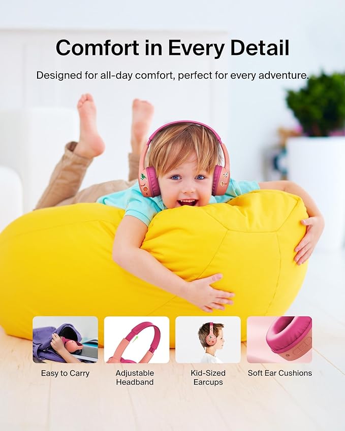 Belkin SoundForm Mini w/Case - Wireless Bluetooth Kids Headphones with 30H Battery Life, 85dB Safe Volume Limit, Built-in Microphone - Kids On-Ear Earphones for iPhone, iPad, & More - Pink