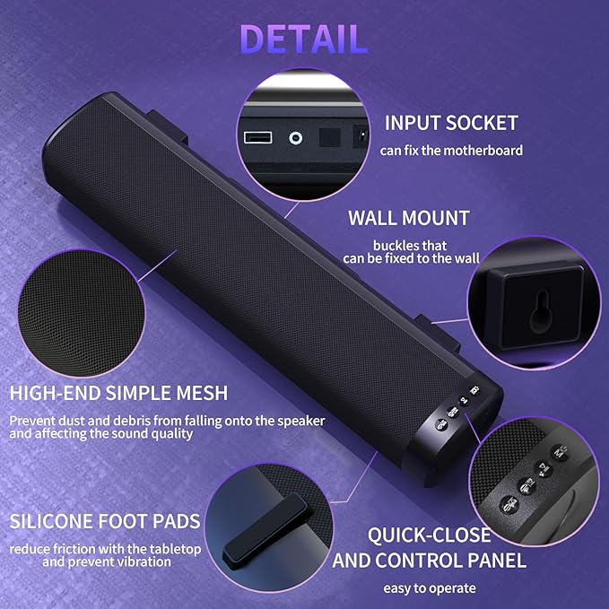 Sound Bar for Smart TV, Bluetooth Sound bar for TV with Optical/AUX/HD ARC, 50w Surround Sound Speakers, Surround Sound System for TV/PC/Gaming/Projectors, Wall Mountable PC Soundbar