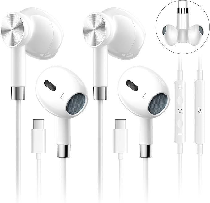 USB C Headphones for iPhone 17 16e 15 [2 Pack], Wired Earphones with Mic & Volume Control,Wired Headphones for iPhone Air/17/17Pro/17Pro Max/16e/ for iPad Pro/for Samsung S25/S24/S23 Earbuds