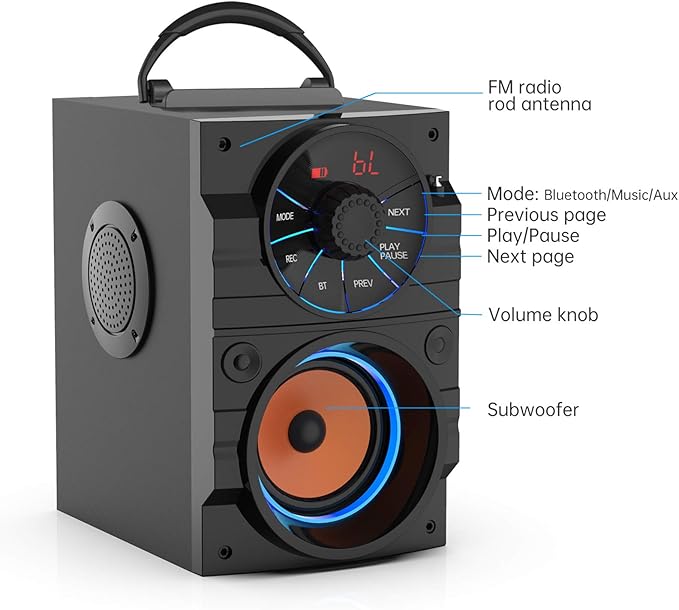 Portable Big Bluetooth Speakers with Light, Wireless with Subwoofer, FM Radio, LED Lights, EQ, Booming Bass, Bluetooth 4.2 Stereo Loud Outdoor/Indoor Retro , for Home, Camping, Travel