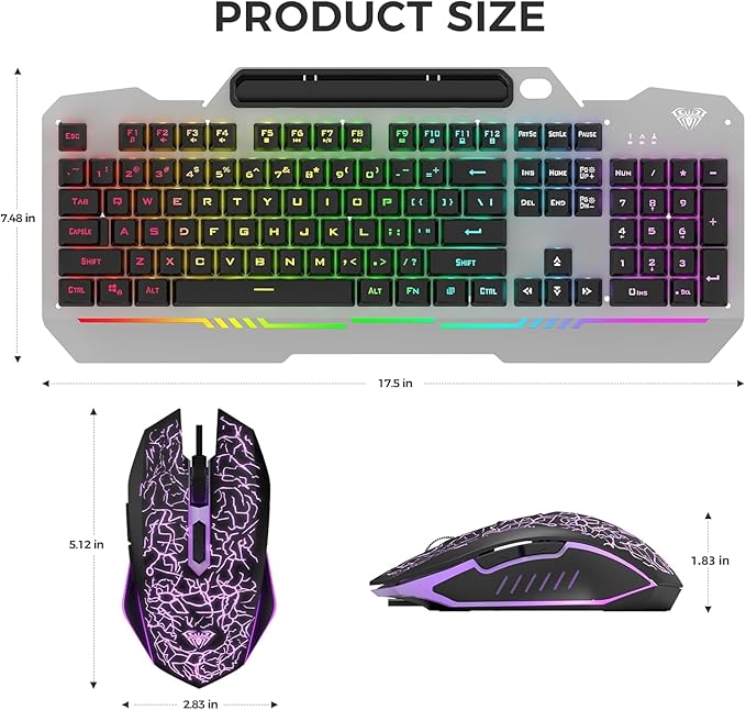 AULA Keyboard, T102 104 Keys Gaming Keyboard and Mouse Combo with RGB Backlit Number Pad, All-Metal Panel Waterproof Light Up PC Keyboard,USB Wired Computer Keyboards Gaming for Win XP/7/8/10 PC Gamer