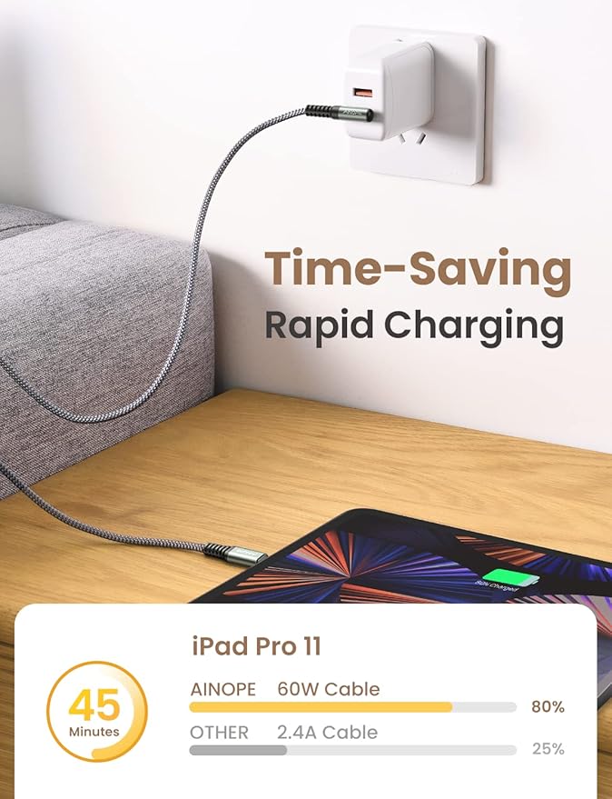 AINOPE USB C Cable to USB C 60W 3-Pack 3.3FT+6.6FT+10FT Nylon Braided Type C Charger Fast Charging Right Angle USBC to USBC Cable Charger Cord for iPhone 16 Pro Max 15 Samsung S25 Ultra S24 iPad Pro