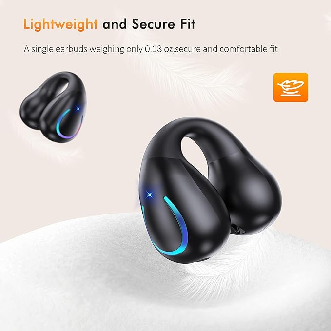 Open Ear Clip Wireless Earbuds Bluetooth 5.3, Sports Earphones Built-in Microphone with Earhooks & Ear Hook, Wireless Charging Case & Display, Waterproof Fitness Headphones for Running