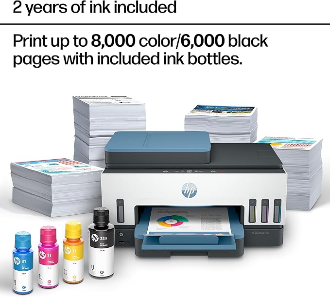 HP Smart Tank 7602 Wireless All-in-One Ink Tank Printer, Scanner, Copier with 2 years of ink included, Best-for-home office, Refillable, AI-enabled (28B98A)