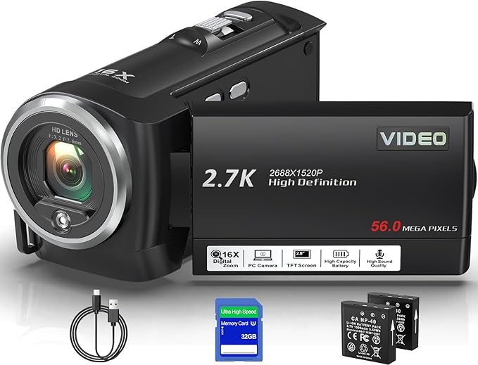 Camcorder Video Camera QHD 2.7K 56MP 16X Digital Zoom Vlogging Camera with LED Fill Light for YouTube, 2.8 Inch 270 Degree Rotation LCD Screen Camcorder with 32GB SD Card and Two Batteries