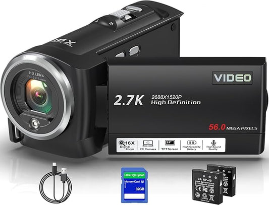 Camcorder Video Camera QHD 2.7K 56MP 16X Digital Zoom Vlogging Camera with LED Fill Light for YouTube, 2.8 Inch 270 Degree Rotation LCD Screen Camcorder with 32GB SD Card and Two Batteries