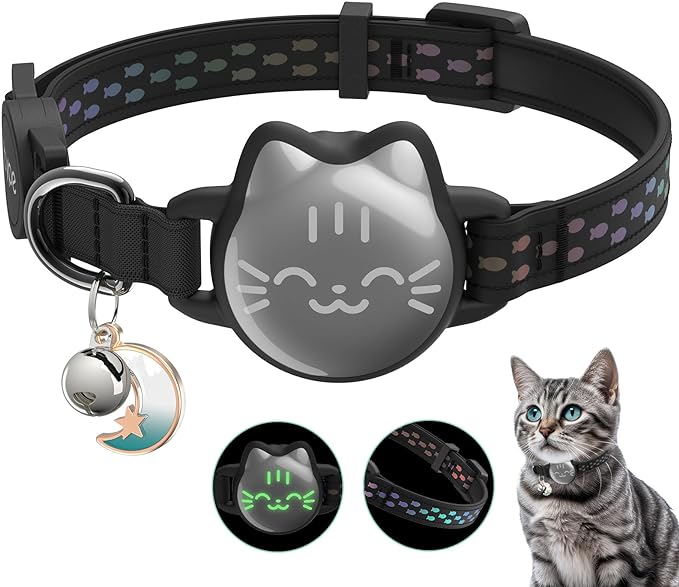 Waterproof Airtag Cat Collar, Breakaway Cat Airtag Collar with Luminous & Reflective Fish Pattern, Lightweight Kitten Collars for Apple Air tag, Hidden GPS Tracker Holder for Cats, Kittens(9-13")