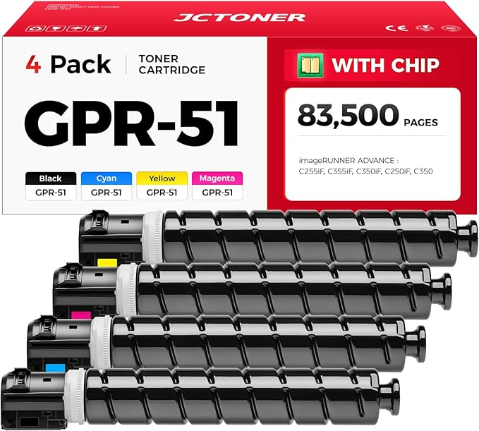 GPR-51 GPR51 High Yield Toner Cartridge 8516B003 8517B003 8518B003 8519B003 Replacement for Canon ImageRunner Advance C250if C255if C350if C350p C355if Printer Ink Set 4-Pack Black Cyan Magenta Yellow