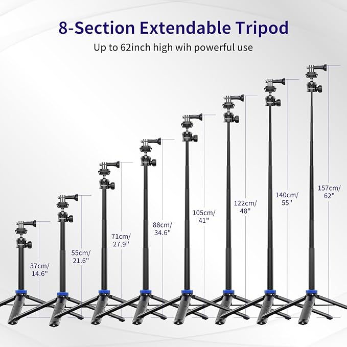 Selfie Stick Tripod for Gopro Camera, 62" Extendable Tripod Stand with 360° Ball Head 1/4" Screw, Portable Lightweight Camera Tripod for GoPro Max Hero 11 10 9 8 7 6 5 DJI OSMO Action Camera