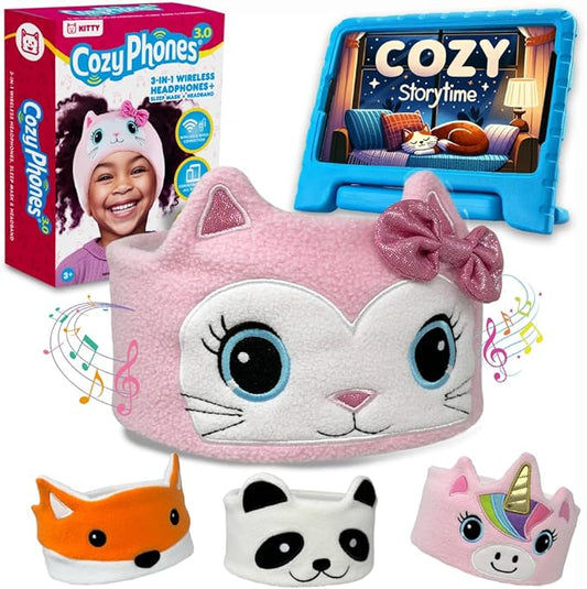 Toddler Headphones Wireless, Kids Bluetooth Earphones, Safe Volume - Wired School Headphones for Kids with 3.5 MM Jack and Travel Bag - Toddler Airplane Accessories for Boys & Girls - Kitty