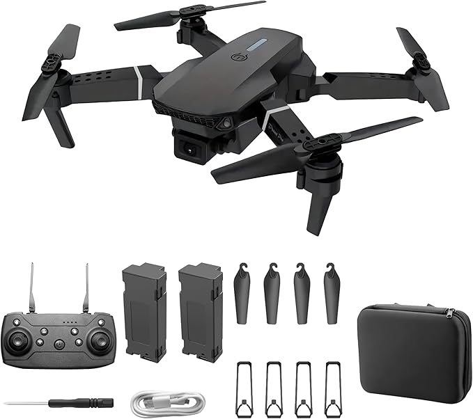 E88 Drone With Dual Camera, Mobile App Control, Indoor Flying Toy RC Plane With Video Function - Ideal Gift For Beginners, Christmas Halloween Thanksgiving Birthday Gift (Black+Dual Batteries)