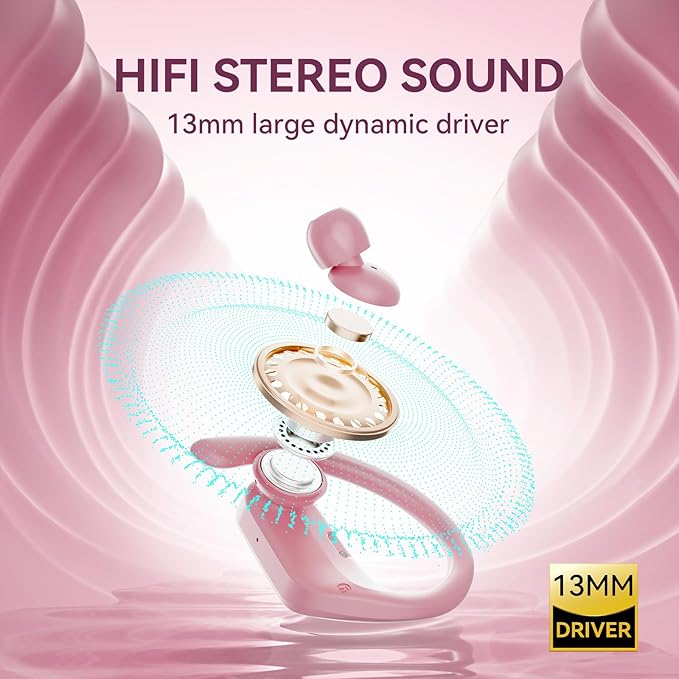 occiam ANC Noise Cancelling Ear Buds Wireless Earbuds Bluetooth Headphones 96Hrs Playback LED Display Over-Ear Waterproof Earphones with Earhooks Mics Clear Call for Sport Running Workout Pink