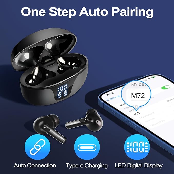 Wireless Earbuds with Screen, Bluetooth 5.4 Head Phones, 48H Playtime, Touch Control HiFi Stereo True Earphones in Ear,Ear Buds Headphone for iPhone,andriod and Phone,Ear Buds for Sports/Workout