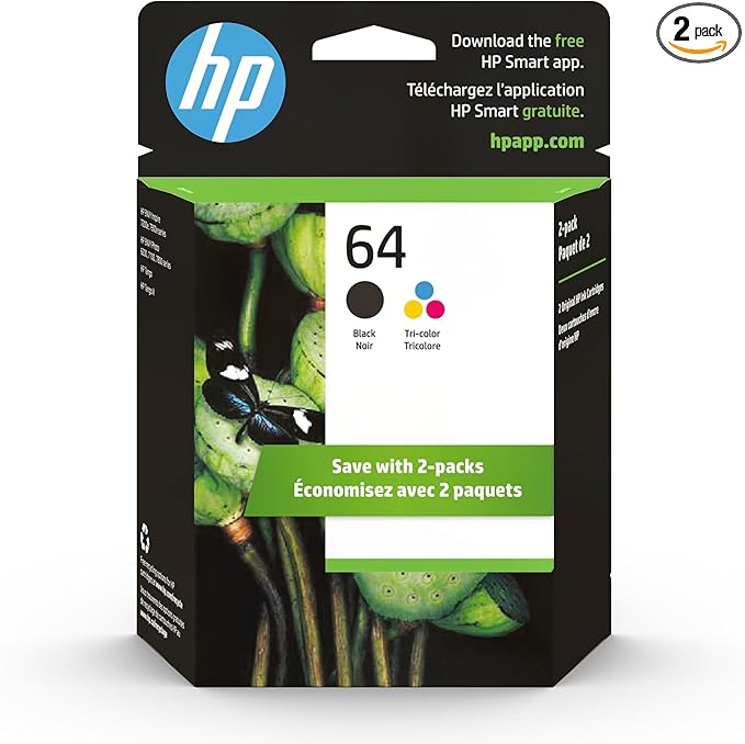HP 64 Black & Tri-Color Ink Cartridges for HP Printers (Combo Pack) | Works with Printer Series: Inspire 7950e; ENVY Photo 6200, 7100, 7800; Tango | Eligible for Instant Ink | X4D92AN