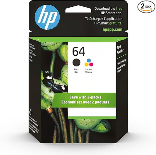 HP 64 Black & Tri-Color Ink Cartridges for HP Printers (Combo Pack) | Works with Printer Series: Inspire 7950e; ENVY Photo 6200, 7100, 7800; Tango | Eligible for Instant Ink | X4D92AN