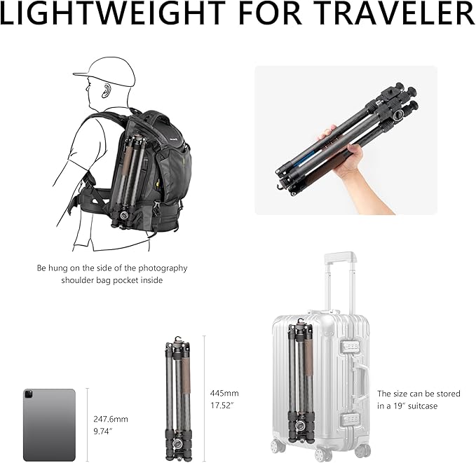 Compact Carbon Fiber Travel Camera Tripod with Ball Head, Reverse Folding Design, Maxload 8kg, Folded Height 450mm (LX-254CT+XB-32)