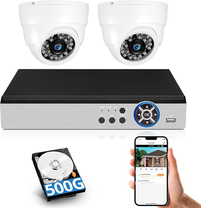 Fuers 5MP Security Camera System Indoor with AI Human Detection, 8CH H.265+ Security DVR Recorder and 2 x 2592TVL 5MP Home CCTV Dome Surveillance Cameras, Smart Playback, Email Alert,500G Hard Drive