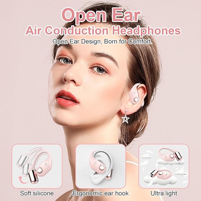 Open Ear Earbuds, Bluetooth 5.3 Wireless Air Conduction Headphones with Mic, LED Display Charging Case&Fast Charging, Ultra-Light Weight, 80H Playtime Earbuds for Work, Sports (Pink)