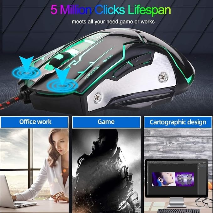 RGB Light up Wired Gaming Mouse for Computer - Durable USB Led Laptop Mice w/ 7 Color Backlit, 4 Adjust DPI Up to 3200 for Gaming, Silent & Stable PC Corded Mouse for Mac MacBook Windows Linux PS4