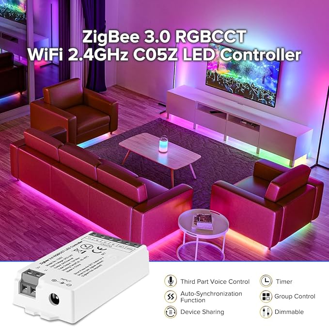 BTF-LIGHTING Tuya Zigbee 3.0 C05Z Controller Support RGBCCT 6 pin (+V R G B CW WW) PWM LED Strip Bulb Compatible with Echo Plus/4th Gen Tuya Gateway DC5V/DC12V/DC24V Max 15A