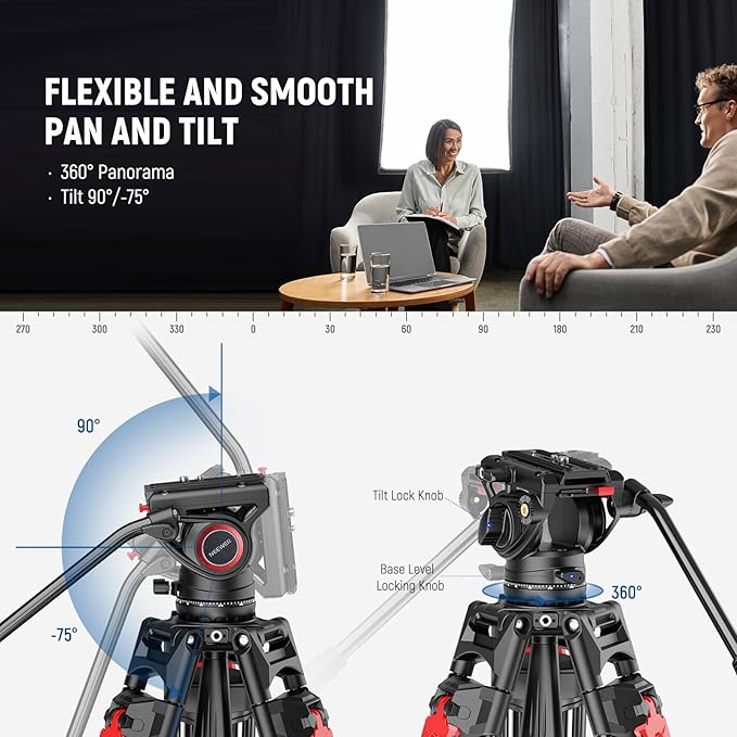 NEEWER 76" Video Camera Tripod with Fluid Head, One Step Quick Release Heavy Duty Aluminum Portable Tripod Stand with Cleaning Cloth, Dual Mode QR Plate for DSLR Camcorder, Max Load 17.6lb, LL27