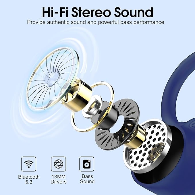 Wireless Earbuds,50H Stereo Ear Buds Dual LED Display, Bluetooth 5.3 Headphones Sport, 2025 Bluetooth Earbuds with 4 ENC Noise Canceling Mic, IP7 Waterproof Earphones with Earhooks for Running, Navy