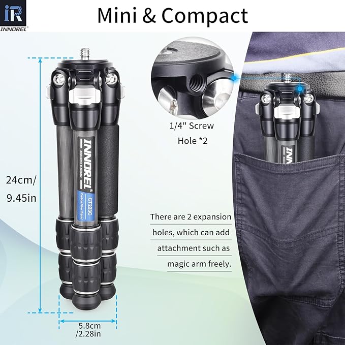 INNOREL 10-Layer Carbon Fiber Mini Tripod CT223C Desktop Tripod with Low Position Macro Shooting, Tabletop Camera Stand, Compact Lightweight Portable for Digital DSLR, DV Video, Max Load 22lb/10kg