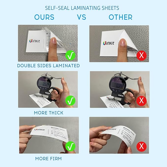Uinkit 10 Mil 50 Pack Self Sealing Laminating Pouches, Laminate Plastic Sheets for 2.6 x 3.9-Inches Bussinesss Card Size Papers, Use in Office School Home Supplies, Glossy Finish, No Laminator Need
